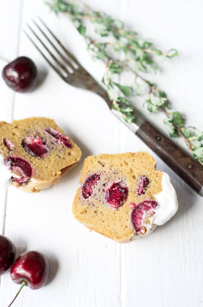 These easy breakfast muffins are soft, moist, cakey and paleo! Stuffed with fresh cherries and delicious served with fresh whipped cream. These easy to make grain free breakfast treats are an easy and healthy go-to recipe.