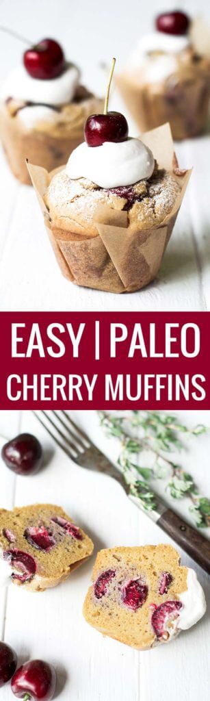 These light and fluffy cherry muffins are paleo and gluten free! Deliciously sweetened with natural sweeteners and fresh cherries this paleo breakfast recipe has the option of making these muffins with NO SUGAR!! Bite into one of these delicious easy to prepare paleo muffins.