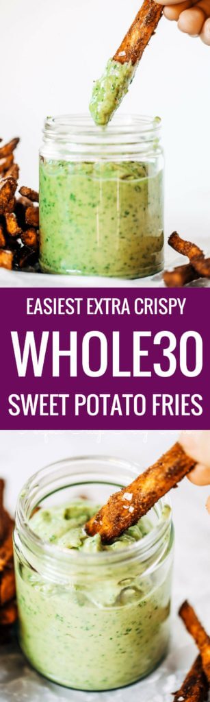 Extra crispy sweet potato fries and dipping sauce. Baked sweet potato fries. Easy sweet potato fries. Easy whole30 snacks. Paleo sweet potato fries recipe. Healthy sweet potato fries. Easy whole30 dinner recipes. Whole30 recipes. Whole30 lunch. Whole30 recipes just for you. Whole30 meal planning. Whole30 meal prep. Healthy paleo meals. Healthy Whole30 recipes. Easy Whole30 recipes.