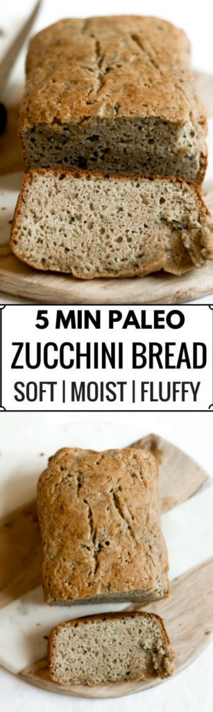 This 5 Minute Paleo Zucchini Bread is incredibly moist, light, and fluffy. Packed with protein and whole foods, this easy to make bread is a tasty treat for breakfast and any snacking occasion.