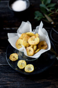 These crispy plantain chips are lightly dazzled with sea salt. Paleo and gluten free, these 10 minute plantain chips are made with only 3 ingredients! Make them sweet or savory. A perfect healthy snack!