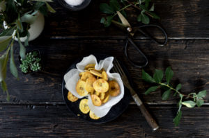 These crispy plantain chips are lightly dazzled with sea salt. Paleo and gluten free, these 10 minute plantain chips are made with only 3 ingredients! Make them sweet or savory. A perfect healthy snack!