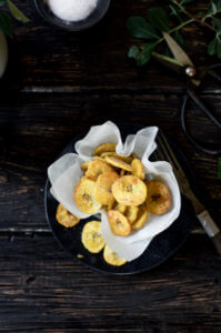 These crispy plantain chips are lightly dazzled with sea salt. Paleo and gluten free, these 10 minute plantain chips are made with only 3 ingredients! Make them sweet or savory. A perfect healthy snack!