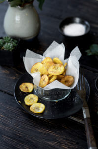 These crispy plantain chips are lightly dazzled with sea salt. Paleo and gluten free, these 10 minute plantain chips are made with only 3 ingredients! Make them sweet or savory. A perfect healthy snack!