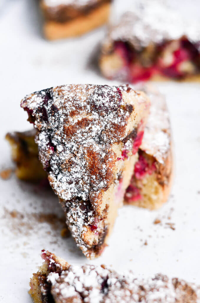 Drool worthy Healthy gluten free cranberry coffee cake. Wow your guest or make Christmas morning a stunner with this 10 minute paleo coffee cake. Healthy breakfast idea.