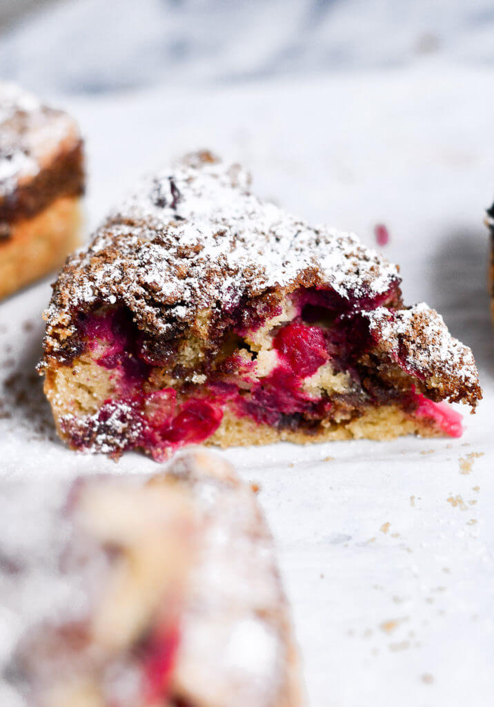 Drool worthy Healthy gluten free cranberry coffee cake. Wow your guest or make Christmas morning a stunner with this 10 minute paleo coffee cake. Healthy breakfast idea.