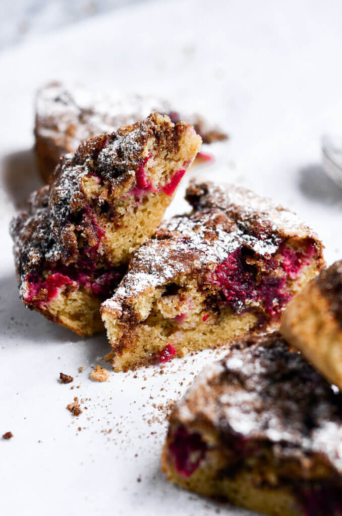 Drool worthy Healthy gluten free cranberry coffee cake. Wow your guest or make Christmas morning a stunner with this 10 minute paleo coffee cake. Healthy breakfast idea.