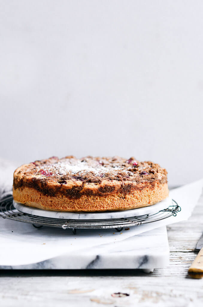 Drool worthy Healthy gluten free cranberry coffee cake. Wow your guest or make Christmas morning a stunner with this 10 minute paleo coffee cake. Healthy breakfast idea.