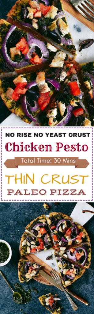 Best no rise, no yeast gluten free pizza dough. Delicious Paleo chicken pesto pizza ready in 30 minutes! Best gluten free pizza crust. Easy gluten free pizza recipe. Paleo pizza crust recipes. Paleo pizza toppings. Dairy free pizza.