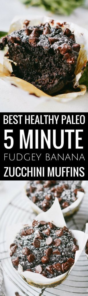 Best healthy flourless fudgey banana zucchini muffins. Made in minutes, these easy gluten free breakfast muffins are extra big bakery style adn loaded with decadent chocolate and healthy greens. Best gluten free breakfast recipes. Easy paleo diet recipes for beginners. Best gluten free diet desserts