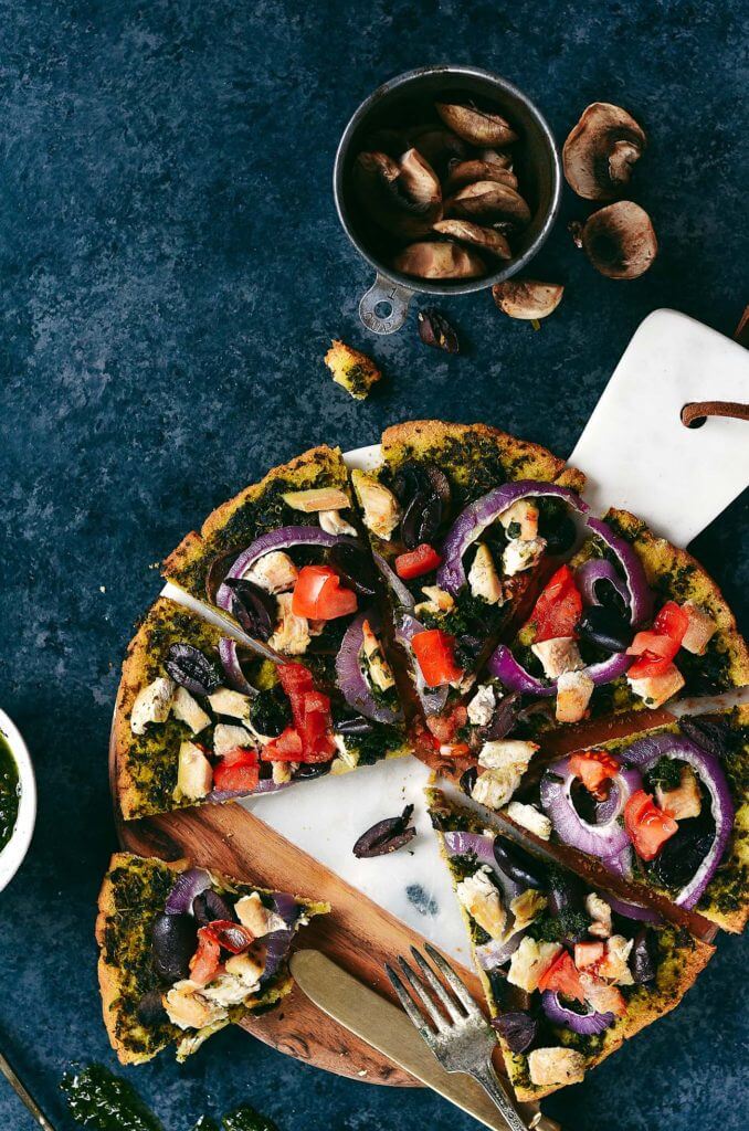 Best and easiest 20 minute no rise paleo pizza! Topped with chicken breast, olives, pesto. Best easy gluten free pizza crust. Best paleo pizza crust. Easy paleo pizza crust. Paleo pizzas. Best gluten free chicken pizza. Top healthy pizza.