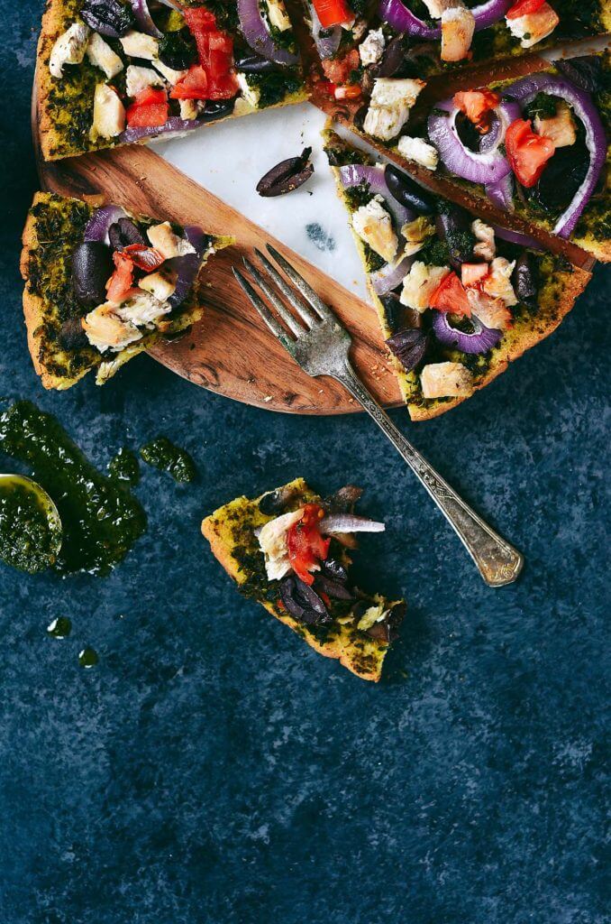 Best and easiest 20 minute no rise paleo pizza! Topped with chicken breast, olives, pesto. Best easy gluten free pizza crust. Best paleo pizza crust. Easy paleo pizza crust. Paleo pizzas. Best gluten free chicken pizza. Top healthy pizza.