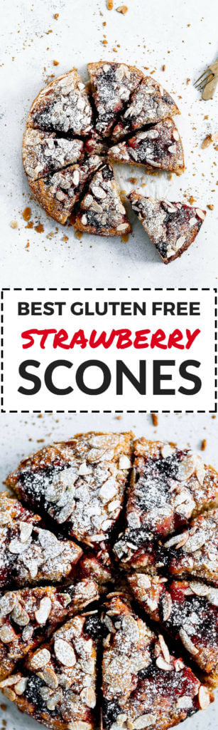 Best easy gluten free strawberry scone recipe! With swirls of strawberries, and almond slivers. Easy healthy scone recipe. Dairy free scone recipe. Coconut oil scones. Easy gluten free coffee cake recipe. Best strawberry coffee cake recipe. Easy gluten free Valentines day recipes.