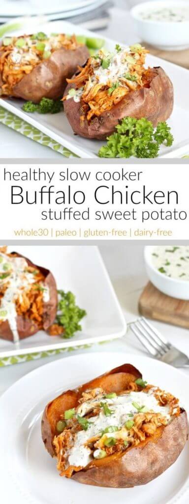 A hearty and healthy, whole30-friendly, slow cooker buffalo chicken that's shredded and stuffed inside of a perfectly baked or grill sweet potato. A recipe for all you buffalo chicken fans.