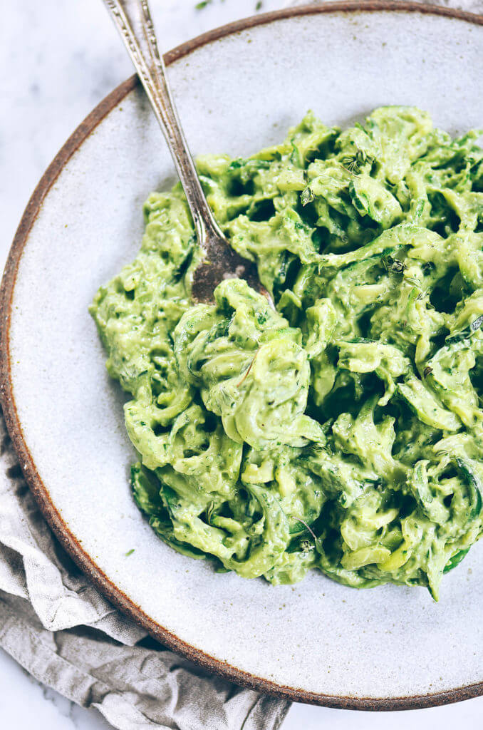 Zucchini Noodles with Avocado Pesto & Shrimp