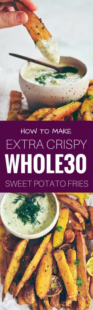 Extra crispy sweet potato fries and dipping sauce. Baked sweet potato fries. Easy sweet potato fries. Easy whole30 snacks. Paleo sweet potato fries recipe. Healthy sweet potato fries. Easy whole30 dinner recipes. Whole30 recipes. Whole30 lunch. Whole30 recipes just for you. Whole30 meal planning. Whole30 meal prep. Healthy paleo meals. Healthy Whole30 recipes. Easy Whole30 recipes.