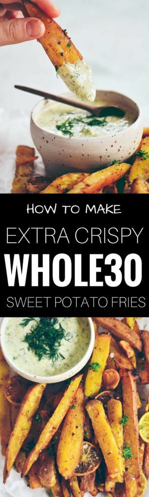 Extra crispy sweet potato fries and dipping sauce. Baked sweet potato fries. Easy sweet potato fries. Easy whole30 snacks. Paleo sweet potato fries recipe. Healthy sweet potato fries. Easy whole30 dinner recipes. Whole30 recipes. Whole30 lunch. Whole30 recipes just for you. Whole30 meal planning. Whole30 meal prep. Healthy paleo meals. Healthy Whole30 recipes. Easy Whole30 recipes.
