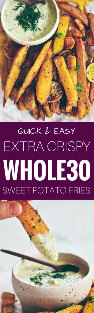 Extra crispy sweet potato fries and dipping sauce. Baked sweet potato fries. Easy sweet potato fries. Easy whole30 snacks. Paleo sweet potato fries recipe. Healthy sweet potato fries. Easy whole30 dinner recipes. Whole30 recipes. Whole30 lunch. Whole30 recipes just for you. Whole30 meal planning. Whole30 meal prep. Healthy paleo meals. Healthy Whole30 recipes. Easy Whole30 recipes.