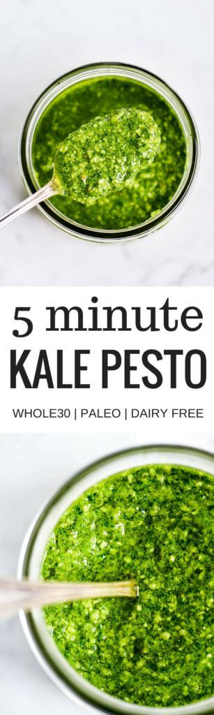 5 Minute Vegan Kale Pesto - made with pine nuts, olive oil, kale, parsley, garlic, salt, and lemon juice. So easy and extremely versatile for pizzas, salads, pasta, and breads! Less than 99 calories per serving. Easy whole30 pesto. paleo pesto recipe. Dairy free pesto. Best dairy free pesto recipe. Best whole30 pesto recipe.