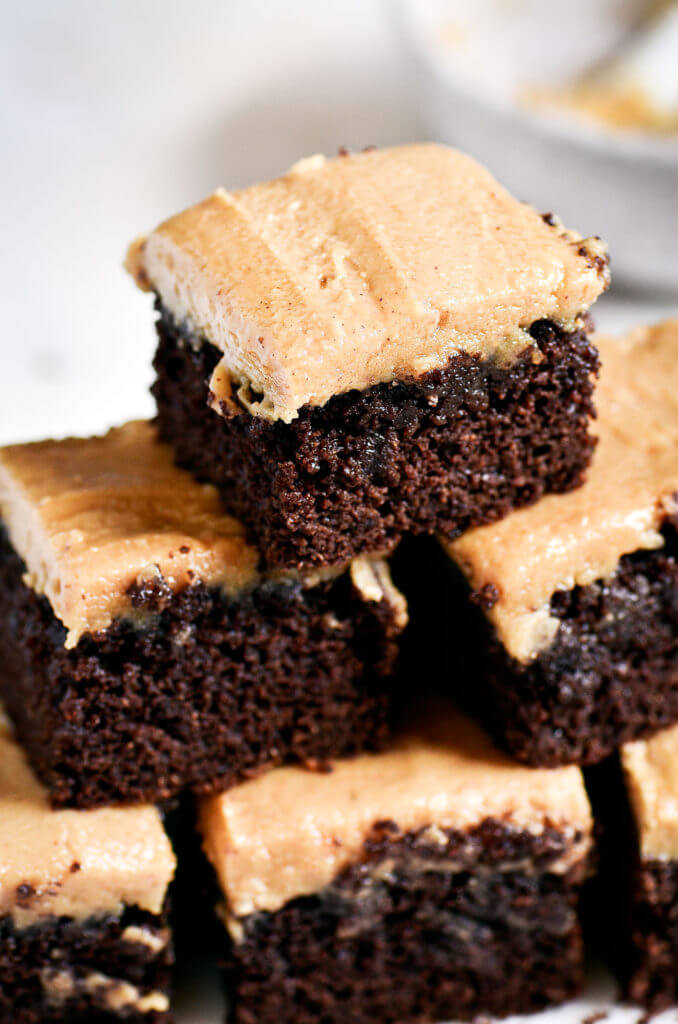 Ready for some chocolate goodness?! The best healthy paleo coconut flour brownies topped with a smooth and creamy peanut butter frosting (almond butter for paleoers). Each brownie has 16g protein! Best gluten free brownies. Best paleo brownies recipe. Fudgey paleo brownie recipe. Fudgey chocolate brownies. Healthy brownie recipe. Easy paleo brownies.