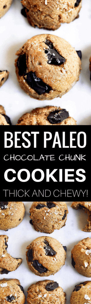 Thick and chewy paleo vegan chocolate chunk cooke recipe. The most delicious paleo and vegan chocolate chunk cookies! Thick, of so soft, chewy, perfect texture. Ready for eating in only 15 minutes. My favorite Paleo cookie I’ve ever made… and I’ve made a lot! Easy paleo cookies. Paleo cookies recipe. Healthy paleo cookies. Paleo chocolate chip cookie recipe. Almond flour cookie recipe. Easy healthy cookie recipe. Best gluten free chocolate chip cookie recipe. vegan cookie recipes. Easy vegan cookies. Easy gluten free cookies. Best paleo chocolate chip cookies. Simple paleo chocolate chip cookies. Maple syrup paleo cookie recipe.