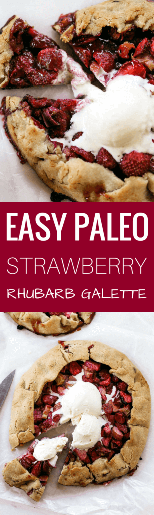 Incredibly easy grain free & paleo strawberry rhubarb galette. A healthy and simple summer treat made with whole food ingredients. Naturally gluten free and dairy free. Sweetened without refined sugar. That sugary gooey fruit filling is to die for! Especially paired with a light and “buttery” almond flour crust. Gluten free galette. Paleo fruit galette. best paleo strawberry galette. easy healthy galette recipe. paleo galette recipe. easy gluten free summer desserts. grain free pie crust. grain free strawberry rhubarb galette.