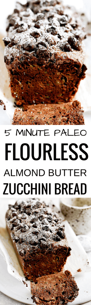 This paleo chocolate zucchini bread is soft, light, and moist, plus gluten free! It’s ready for baking in 5 minutes! Easy to whip up in the food processor. Freezer friendly and a crowd pleaser! Easy paleo diet recipes. Best gluten free bread. Easy paleo bread recipe. Best paleo zucchini bread recipe. Easy gluten free zucchini bread. Best gluten free zucchini bread