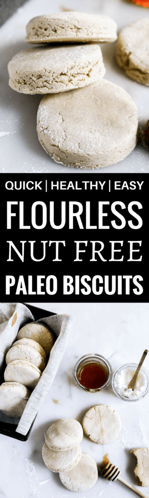 Paleo nut free cassava flour biscuits. Easy to make, perfect for meal prep, storing in the freezer, and perfect for toasting! Gluten free, dairy free, nut free, and yummy! Best paleo biscuit recipe. Easy paleo biscuits. Gluten free biscuit recipe. Butter free biscuits. Easy gluten free biscuit recipe. Cassava flour biscuits. Grain free biscuits. Easy paleo biscuit recipes.