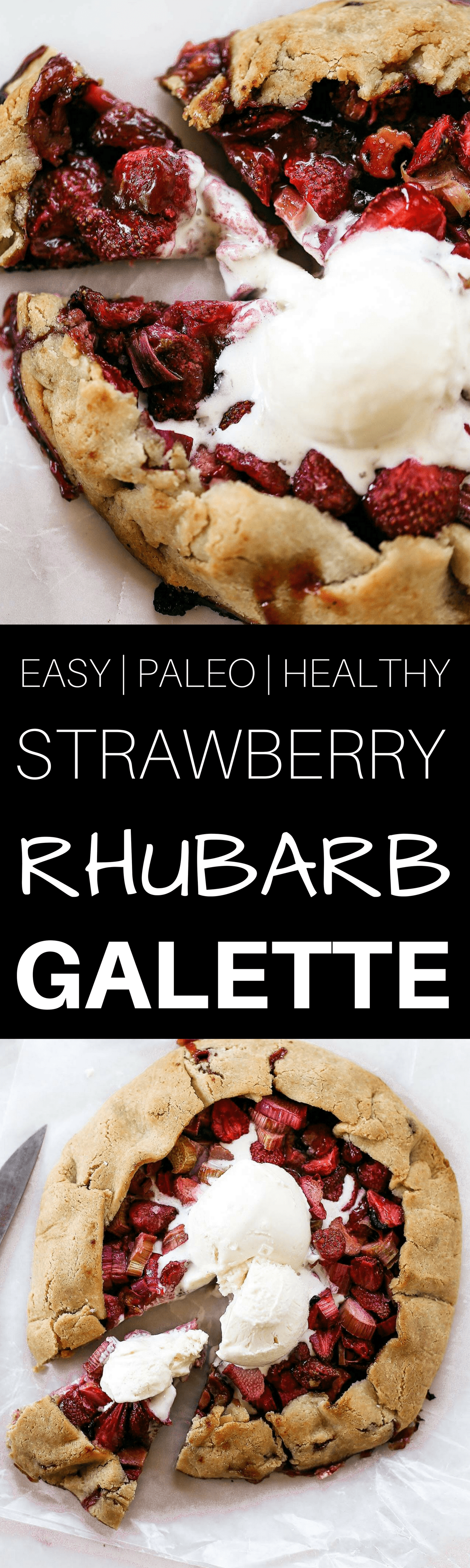 Incredibly easy grain free & paleo strawberry rhubarb galette. A healthy and simple summer treat made with whole food ingredients. Naturally gluten free and dairy free. Sweetened without refined sugar. That sugary gooey fruit filling is to die for! Especially paired with a light and “buttery” almond flour crust. Gluten free galette. Paleo fruit galette. best paleo strawberry galette. easy healthy galette recipe. paleo galette recipe. easy gluten free summer desserts. grain free pie crust. grain free strawberry rhubarb galette.