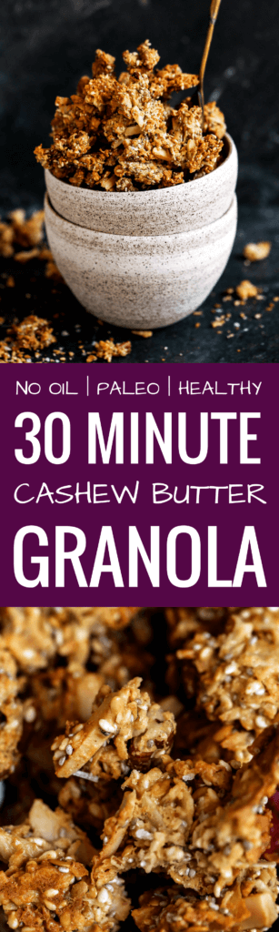 Crispy, crunchy, no oil or oats, or refined sugar! This healthy Paleo granola recipe is insanely delish and made in 30 minutes! Perfectly paired with coconut yogurt. Made with toasty coconut, almond, nutty infusions, and cinnamon spice. Sweetened naturally.! Made in minutes. Whole30 breakfast recipes. Whole30 breakfast ideas. Whole30 granola. Paleo granola recipe. Easy paleo granola. Best grain free granola recipe. Healthy breakfast ideas. Easy breakfast recipes. Whole30 meal ideas. whole30 meal plan.