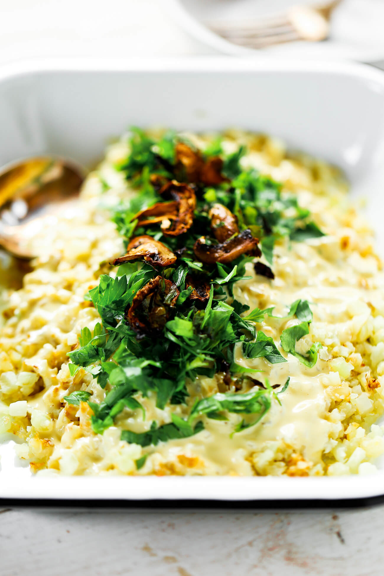 Cheesy Vegan Cauliflower Mushroom Risotto Paleo Gluten Free