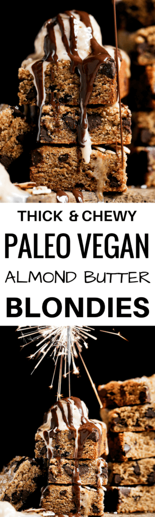 The best soft and chewy paleo blondies! Gluten free, low in sugar (1/4 cup coconut sugar in the whole batch!), and vegan. This recipe can be made ahead and stored in the freezer. It’s also safe for raw cookie dough eating. Yum! Easy paleo baking. Maple syrup blondies. Vegan blondie recipe. low carb paleo blondies. almond butter paleo blondies. Healthy vegan blondies recipes. Gluten free vegan blondies. Easy vegan blondies. Paleo cookie bar. Easy paleo cookies.