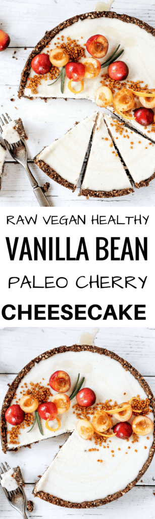 Raw vanilla bean and cherry cheesecake made with paleo ingredients. Creamy cashew filling in a “graham cracker” crust. Stores well in the fridge and freezer. Naturally gluten free and dairy free. Raw paleo cheesecake recipe. No bake cashew cheesecake. Best gluten free vegan cheesecake. Raw paleo cheesecake recipe. No bake cheesecake recipe. Paleo cream cheese. Best paleo dessert recipes. easy cashew cheesecake. cherry cake recipes. best paleo cherry cake. cherry photography. cake photography.