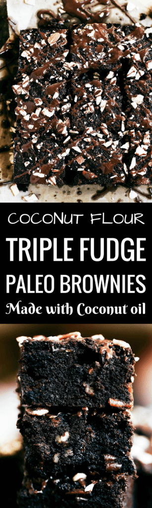 A must make decadent triple fudge coconut flour brownie recipe! Paleo and a healthy treat for everyone! Gluten eaters and healthy eaters alike will devour these rich chocolaty treats. Packed with loads of chocolate and nuts, these brownies are ready for the oven in only five minutes! Best gluten free brownies. Best paleo brownies recipe. Fudgey paleo brownie recipe. Fudgey chocolate brownies. Healthy brownie recipe. Easy paleo brownies.