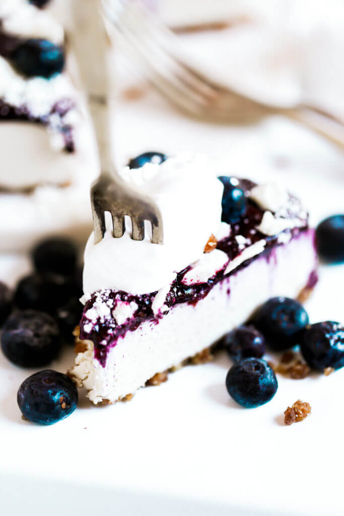 Can you believe it’s real!? Healthy paleo yogurt cheesecake recipe. Filled with a tangy and sweet creamy yogurt filling and topped off with fresh blueberry compote. Vegan, gluten free, and dairy free! Incredibly creamy and satisfying! Raw paleo cheesecake recipe. No bake cashew cheesecake. Best gluten free vegan cheesecake. Raw paleo cheesecake recipe. No bake cheesecake recipe. Paleo cream cheese. Best paleo dessert recipes. easy cashew cheesecake. Blueberry cake recipes. best paleo blueberry cake. cherry photography. cake photography.