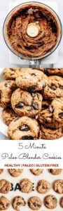 5 Minute Healthy chocolate chip cookies. 4 ingredients. Ready in 5 minutes. Paleo, gluten free, dairy free. The only healthy cookie recipe you will ever need. Easy paleo cookie recipes. Healthy paleo cookies. Easy gluten free cookie recipes. Best paleo cookie recipes. Best easy gluten free cookies. Sugar free cookie recipes. Easy vegan chocolate chip cookies. Healthy chocolate chip cookies. Coconut sugar cookies.