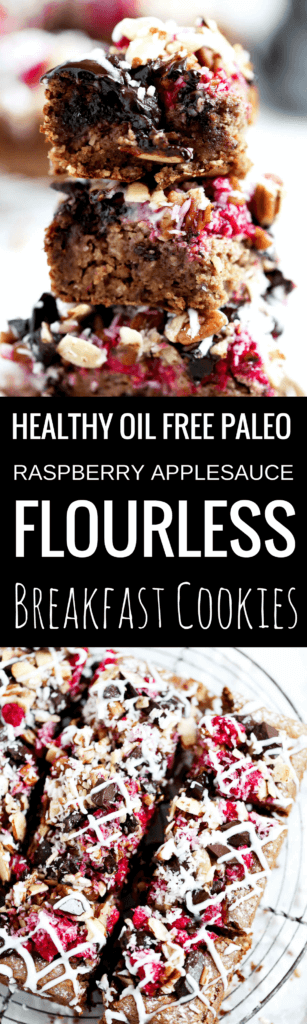 Quick, easy, and healthy paleo applesauce raspberry breakfast bars are oil free, grain free, vegan, and sugar free (made with only fruit sugar!). They are so tasty, moist, and the perfect bar for breakfast, snack, or dessert. Healthy breakfast bars. Paleo breakfast cookies. Vegan healthy breakfast cookies. Healthy paleo breakfast cookie recipe. Easy paleo breakfast ideas. Healthy breakfast recipes.