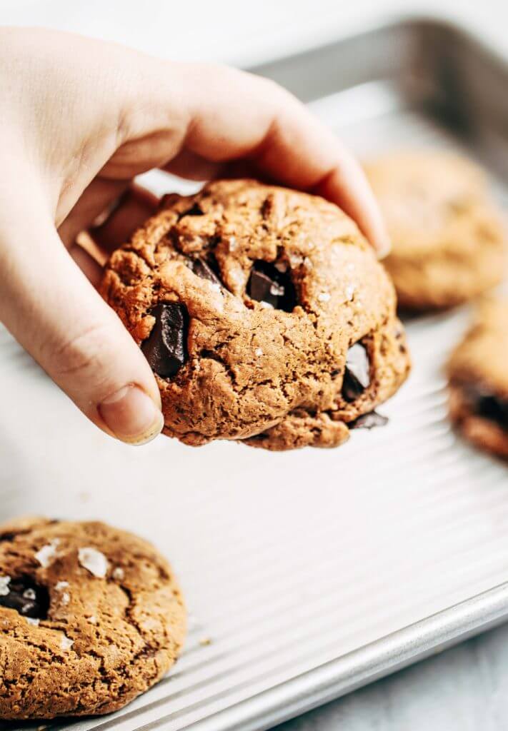 THICK & CHEWY healthy chocolate chip cookies. 4 ingredients. Ready in 5 minutes. Paleo, gluten free, dairy free. The only healthy cookie recipe you will ever need. Easy paleo cookie recipes. Healthy paleo cookies. Easy gluten free cookie recipes. Best paleo cookie recipes. Best easy gluten free cookies. Sugar free cookie recipes. Easy vegan chocolate chip cookies. Healthy chocolate chip cookies. Coconut sugar cookies.