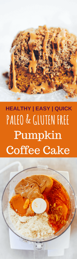 Paleo Pumpkin Coffee Cake- easy, healthy, and delicious! Gluten free, grain free, and dairy free. Light and fluffy gluten-free Paleo pumpkin chocolate chip coffee cake is the perfect warm and comforting, easy go-to, fall breakfast. Grain free, naturally sweetened, and freezer storage friendly.