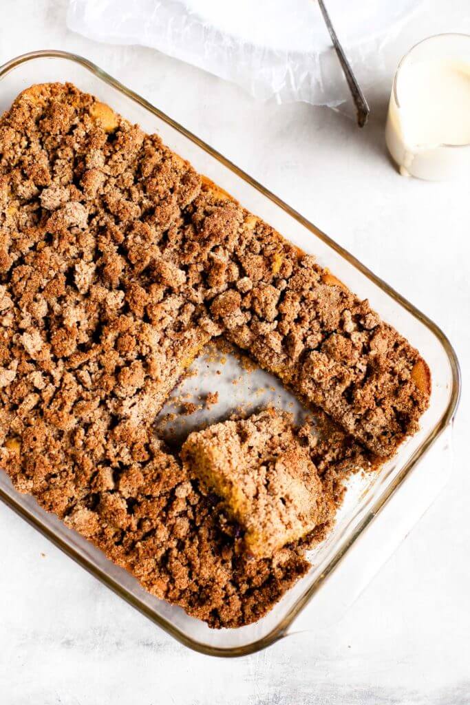 Paleo Pumpkin Coffee Cake- easy, healthy, and delicious! Gluten free, grain free, and dairy free. Light and fluffy gluten-free Paleo pumpkin chocolate chip coffee cake is the perfect warm and comforting, easy go-to, fall breakfast. Grain free, naturally sweetened, and freezer storage friendly.