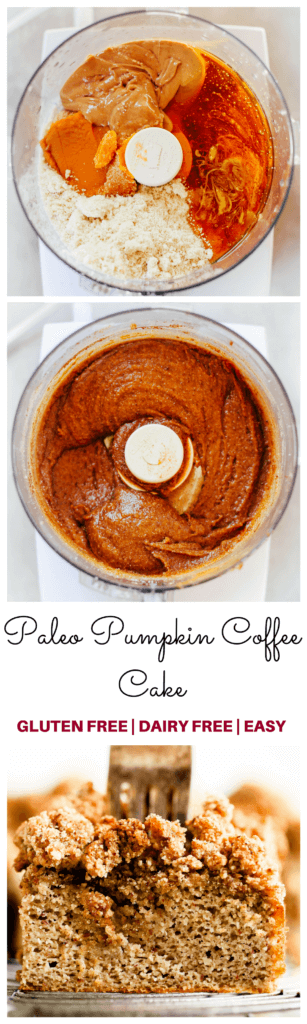 Paleo Pumpkin Coffee Cake- easy, healthy, and delicious! Gluten free, grain free, and dairy free. Light and fluffy gluten-free Paleo pumpkin chocolate chip coffee cake is the perfect warm and comforting, easy go-to, fall breakfast. Grain free, naturally sweetened, and freezer storage friendly.