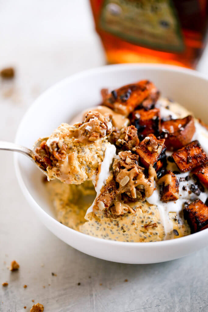 I’m OBSESSED with this Thick, creamy, coconut yogurt pumpkin chia breakfast! What an easy paleo breakfast idea! A bowl full of creamy pumpkin spice pudding, topped with roasted sweet potatoes and nut butter! Ready in just 3 minutes, free of added sugar, Paleo, dairy free, and gluten free. Just as delicious for a snack as it is for breakfast!