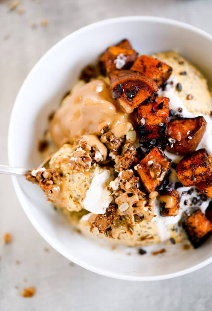 I’m OBSESSED with this thick, creamy, coconut yogurt pumpkin chia breakfast! What an easy paleo breakfast idea! A bowl full of creamy pumpkin spice pudding, topped with roasted sweet potatoes and nut butter! Ready in just 3 minutes, free of added sugar, Paleo, dairy free, and gluten free. Just as delicious for a snack as it is for breakfast!