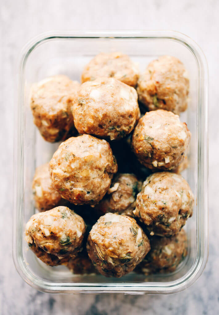 Unbelievably easy Oven Baked Paleo TURKEY MEATBALLS AND SAGE CREAM SAUCE (Gluten free, whole30, paleo). Perfect for a weeknight dinner or breakfast! On the table in LESS than 25 minutes! Paleo turkey meatballs. Whole30 breakfast recipes. Easy whole30 breakfast ideas. Whole30 families meatballs. Ground turkey whole30 meatballs. Easy whole30 recipes. Whole30 meal planning. Easy whole30 dinner recipes. Whole30 shopping list.