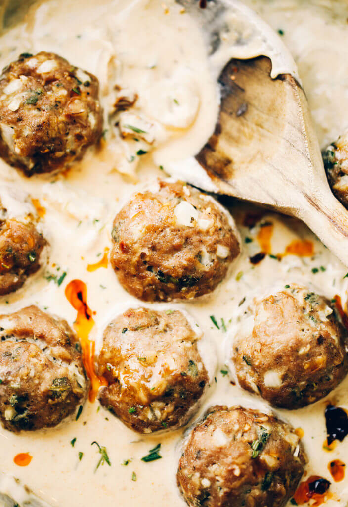 Unbelievably easy Oven Baked Paleo TURKEY MEATBALLS AND SAGE CREAM SAUCE (Gluten free, whole30, paleo). Perfect for a weeknight dinner or breakfast! On the table in LESS than 25 minutes! Paleo turkey meatballs. Whole30 breakfast recipes. Easy whole30 breakfast ideas. Whole30 families meatballs. Ground turkey whole30 meatballs. Easy whole30 recipes. Whole30 meal planning. Easy whole30 dinner recipes. Whole30 shopping list.