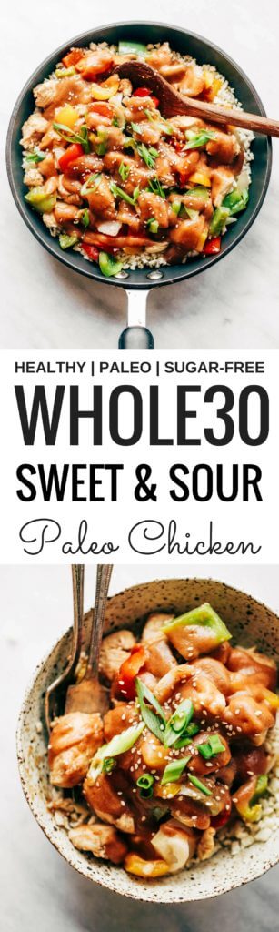 Healthy sweet and sour chicken with cauliflower rice. Paleo, whole30, and made without sugar! An easy weeknight dinner recipe, freezer friendly, and makes for fast meal prep! Whole30 meal plan that's quick and healthy! Whole30 recipes just for you. Whole30 meal planning. Whole30 meal prep. Healthy paleo meals. Healthy Whole30 recipes. Easy Whole30 recipes. Best paleo dinner recipes.