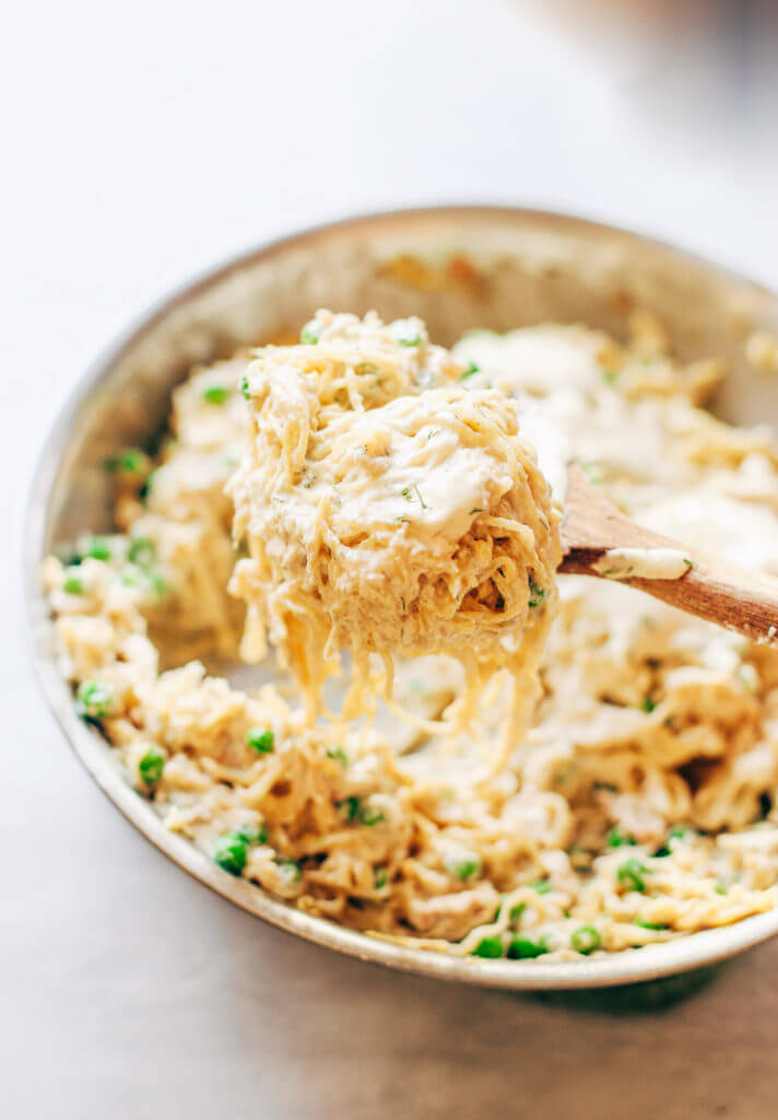 Favorite noodles coming your way! Made in 10 minutes, creamy tuna noodles made with spaghetti squash and coconut cream sauce- paleo, whole30, and dairy free. Easy whole30 dinner recipes. Easy whole30 dinner recipes. Whole30 recipes. Whole30 lunch. Whole30 meal planning. Whole30 meal prep. Healthy paleo meals. Healthy Whole30 recipes. Easy Whole30 recipes. Easy whole30 dinner recipes.