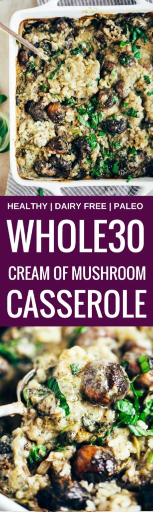 Warm and addicting comfort food alert! Cream of mushroom casserole (paleo, whole30, and dairy free). Layers of creamy sauce, cauliflower rice, herbed mushrooms, and lots of fresh basil! Made in minutes, then it’s in the oven! Easy whole30 dinner recipes. Whole30 recipes. Whole30 lunch. Whole30 recipes just for you. Whole30 meal planning. Whole30 meal prep. Healthy paleo meals. Healthy Whole30 recipes. Easy Whole30 recipes.