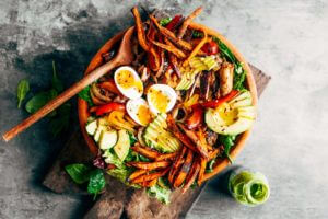 Grilled Garlic Lime Chicken Fajita Salad loaded with crispy sweet potato fries, grilled chicken, and topped with creamy avocado dressing made in the blender! Paleo, whole30, and makes for easy meal prep! Whole30 meal plan that's quick and healthy! Whole30 recipes just for you. Whole30 meal planning. Whole30 meal prep. Healthy paleo meals. Healthy Whole30 recipes. Easy Whole30 recipes. Best paleo dinner recipes.