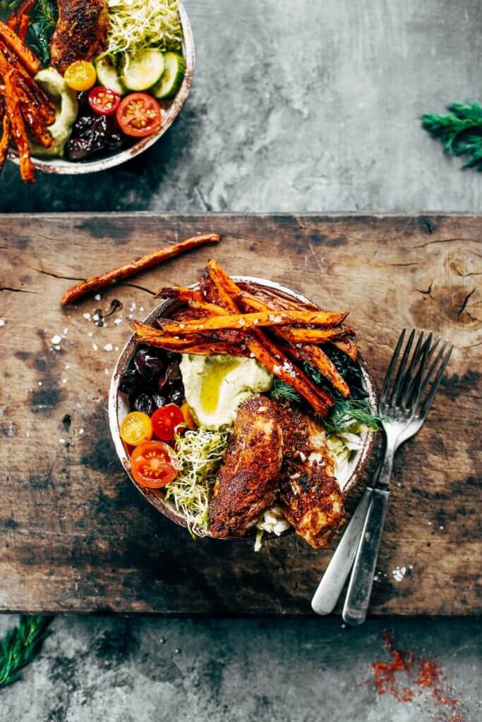 Crispy sweet potato fries, baked southwest chicken strips, creamy garlic avocado dipping sauce, and vibrant greens. Paleo, whole30, and gluten free. The whole family is going to love this meal! Put it on the table… and there will be none left. Easy whole30 dinner recipes. Whole30 recipes. Whole30 lunch. Whole30 recipes just for you. Whole30 meal planning. Whole30 meal prep. Healthy paleo meals. Healthy Whole30 recipes. Easy Whole30 recipes